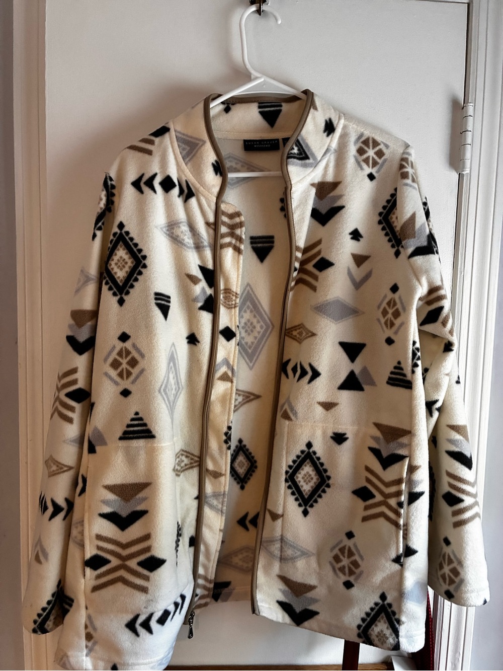 Susan Graver Cream Fleece Zip-Up Jacket with Black, Gray & Tan Geometric Print